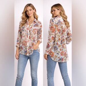 RNWY Sheer Floral Chiffon Blouse Button Front Romantic Cottagecore XS